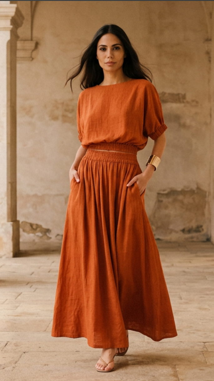 Woman wearing a rust-colored outfit standing in front of a stone wall.
