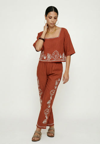 Tilly High Waist Embroidered Trouser In Rust