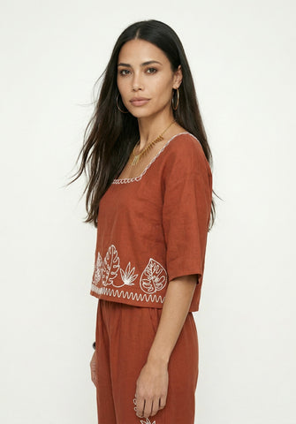Tilly Square Neck Embroidered Top In Rust